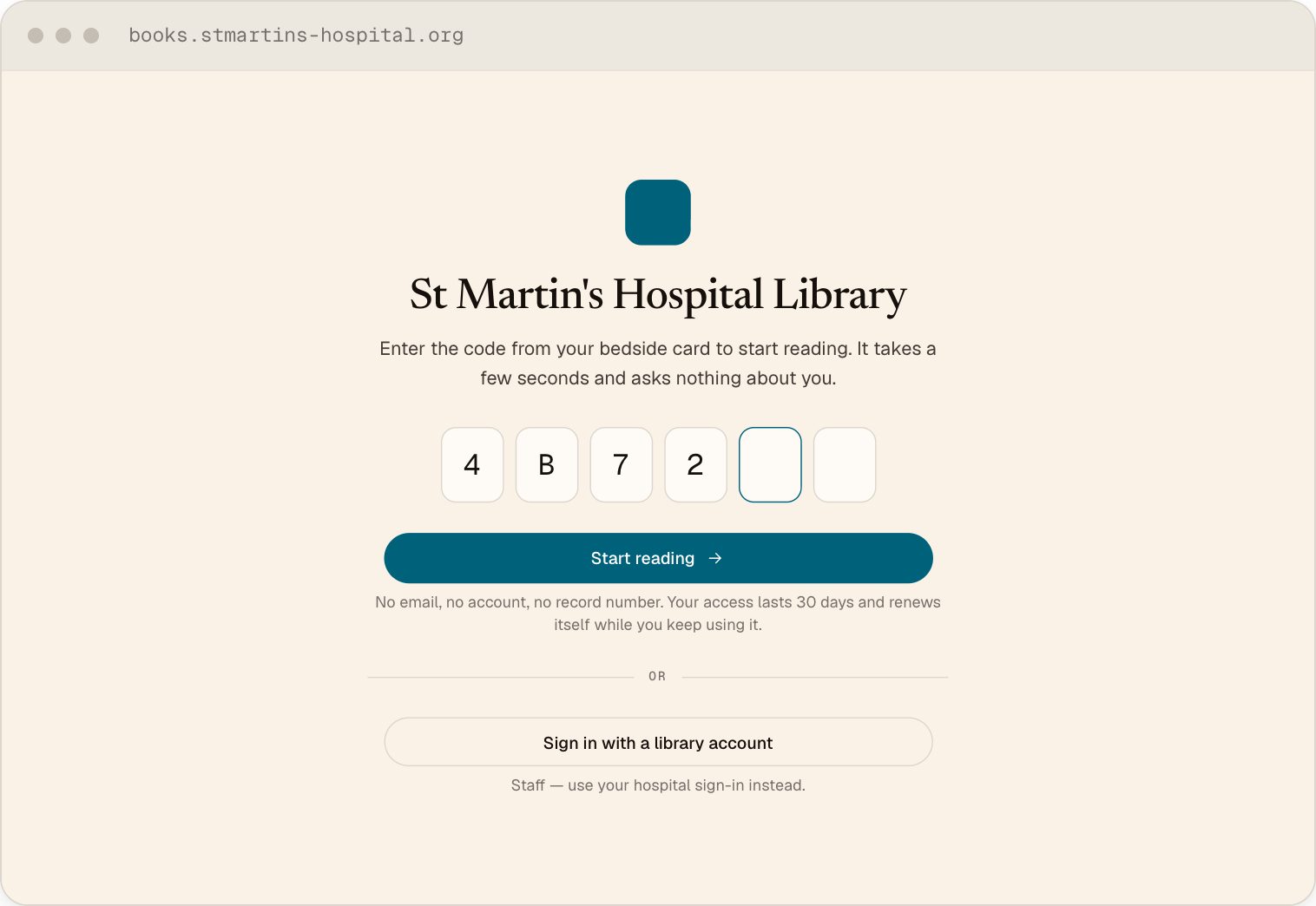 Join by code — a St Martin's Hospital Library screen